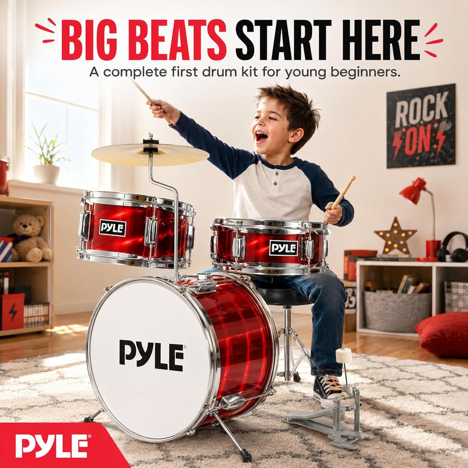 Pyle 3-Piece Kids Drum Kit with Cymbal, Pedal, Throne and Sticks