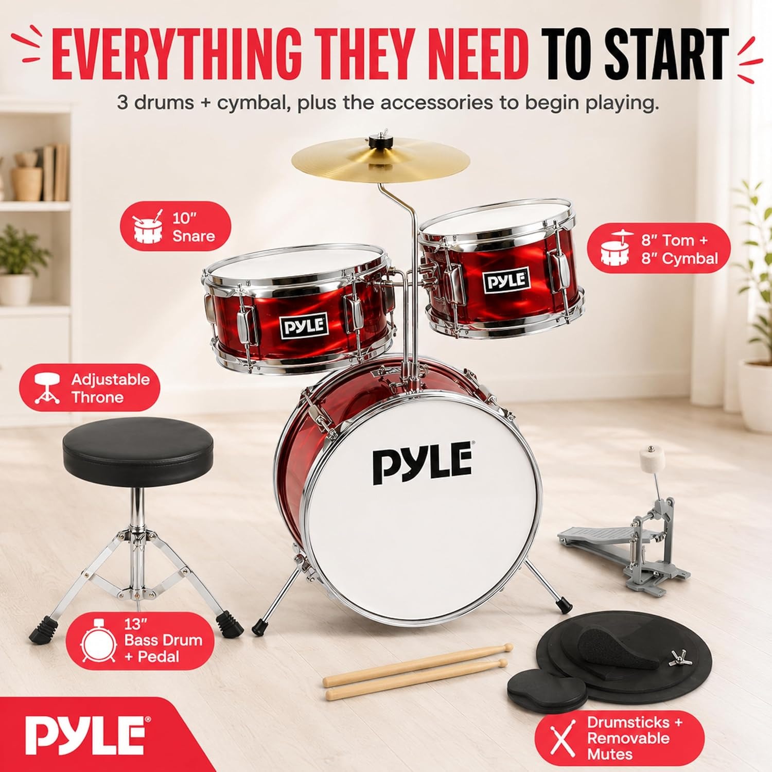 Pyle 3-Piece Kids Drum Kit with Cymbal, Pedal, Throne and Sticks