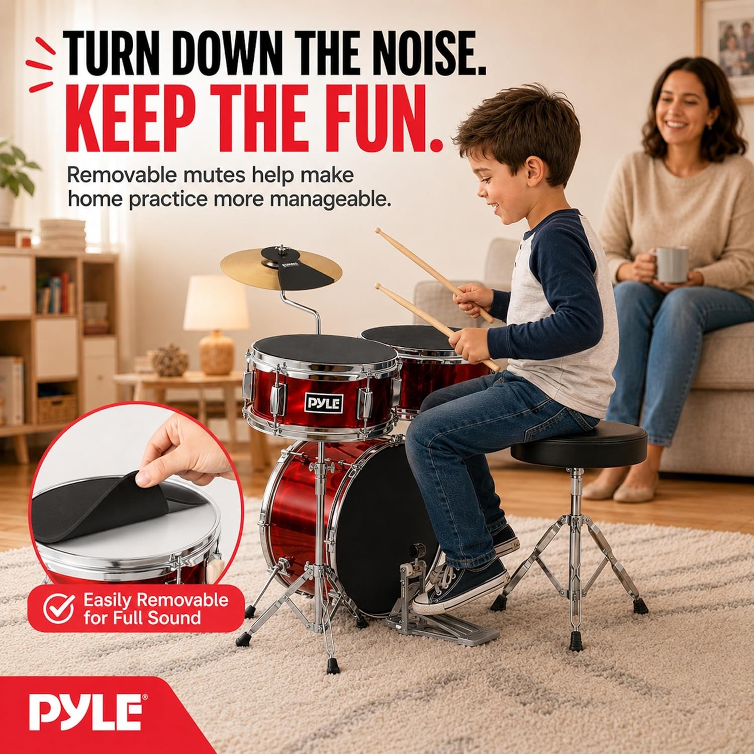 Pyle 3-Piece Kids Drum Kit with Cymbal, Pedal, Throne and Sticks