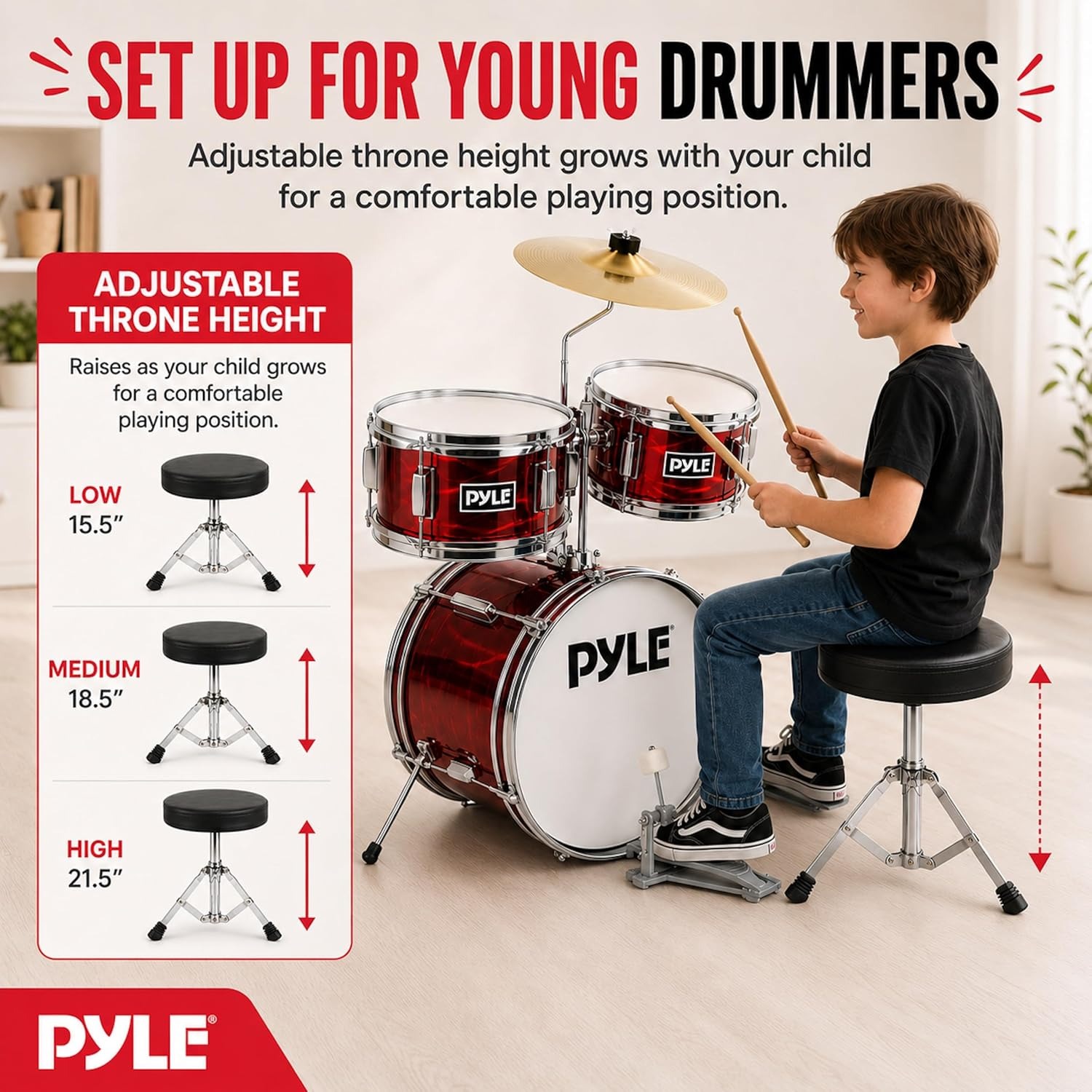 Pyle 3-Piece Kids Drum Kit with Cymbal, Pedal, Throne and Sticks
