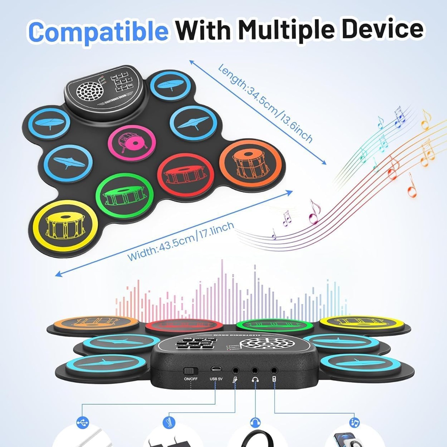 Kids Electronic Drum Pad with 9 Pads and Foot Pedals