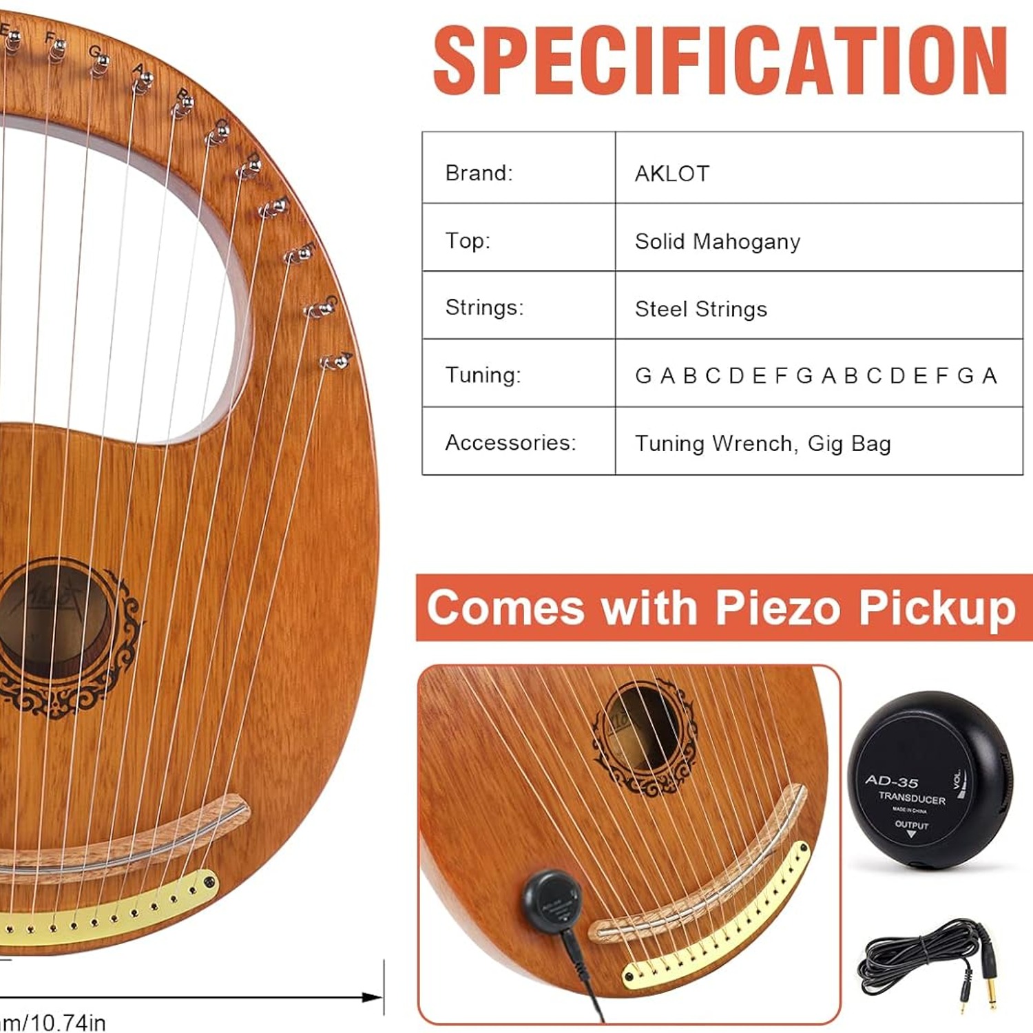 AKLOT 16 String Mahogany Lyre Harp with Gig Bag and Tuning Tools